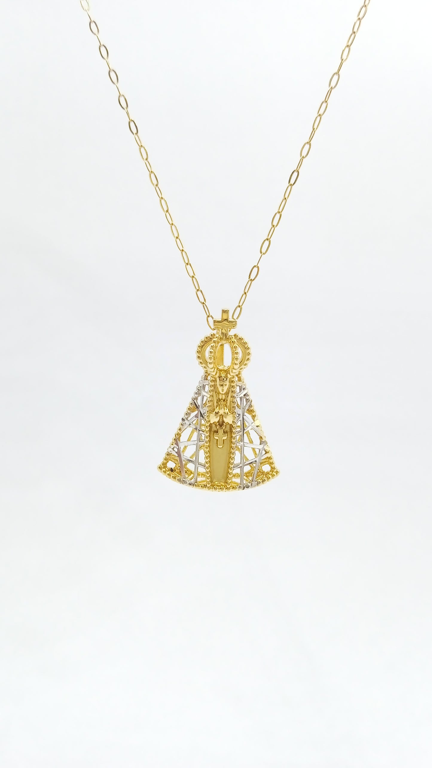 Pingente Nossa Senhora Aparecida em Ouro Amarelo e Ouro Branco