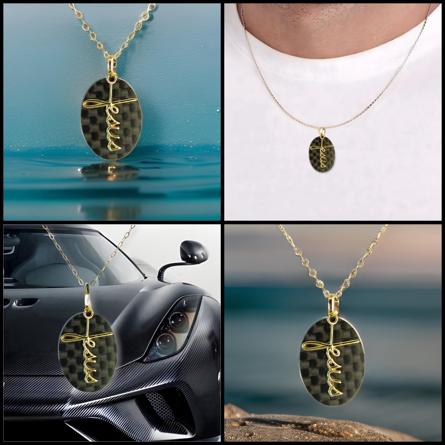 Pingente Jesus em Fibra de Carbono e Ouro 18k