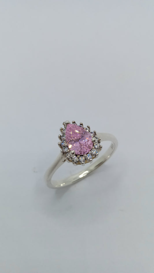 Anel em Prata com Cristal Rosa e Cristais Brancos