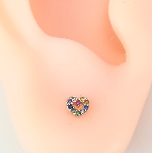 Brinco Baby em Ouro 18k com Cristais Coloridos - Modelo Coração