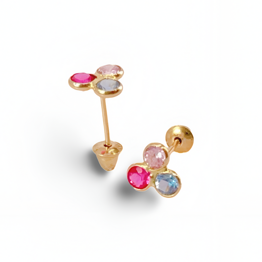 Brincos Press-Baby com Cristais Coloridos em Ouro Amarelo