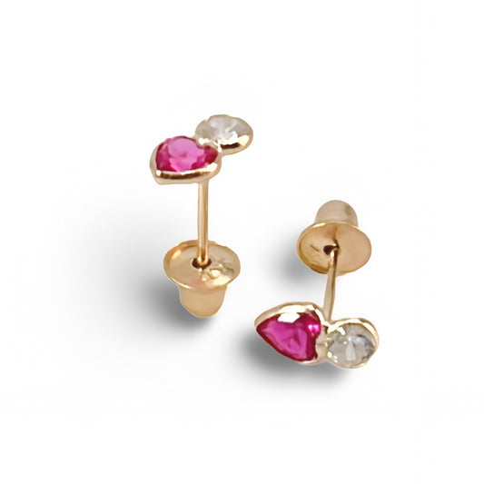 Brincos Press-Baby com Cristal Branco e Coração de Cristal Rosa em Ouro Amarelo