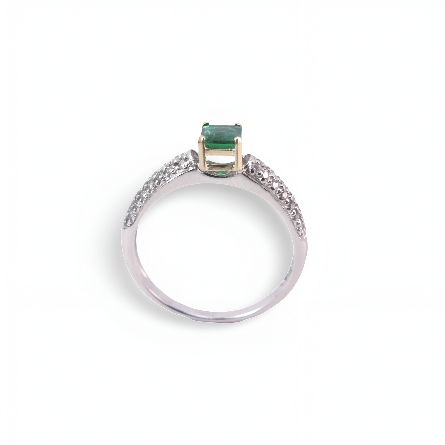 Anel em Ouro Branco e Amarelo com Diamantes e Esmeralda