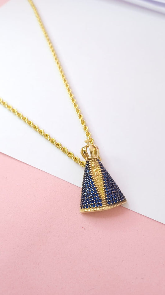 Pingente Nossa Senhora Aparecida com Cristais Azuis em Ouro 18k