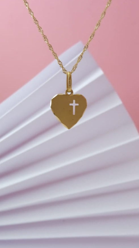 Pingente Coração-Cruz em Ouro Amarelo 18k