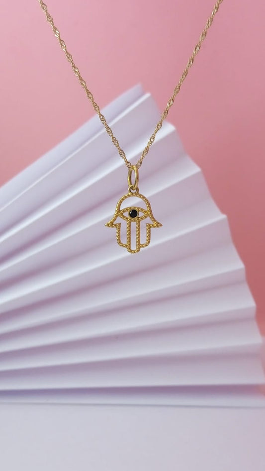 Pingente Hamsa em Ouro 18k e Cristal Ônix