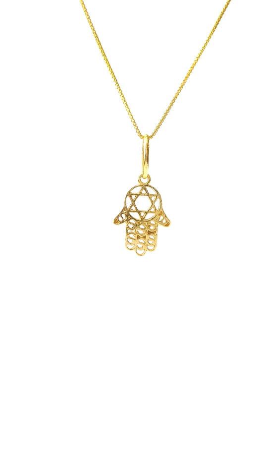 Gargantilha Hamsa com Pentáculo em Prata e Ouro