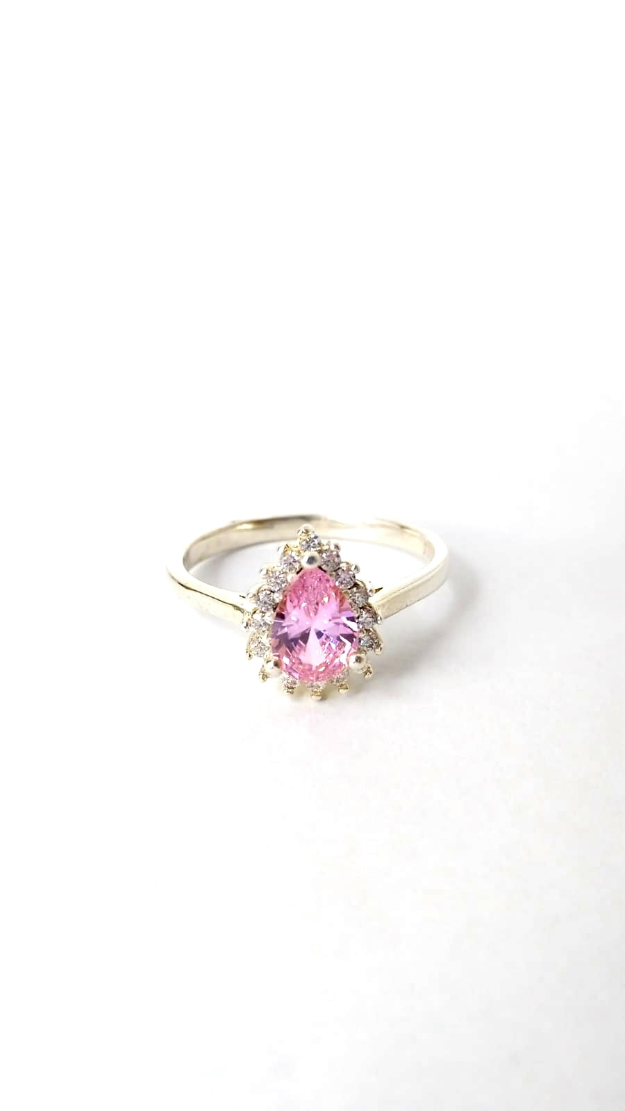 Anel em Prata com Cristais Brancos e Cristal Quartzo Rosa
